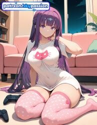 1girls 2026 ai_assisted ai_generated anime boobs breasts bust controller fern_(sousou_no_frieren) frieren_beyond_journey's_end game_controller gamepad heart_print hi_res high_quality high_resolution highres indoors long_hair night night_sky patreon patreon_username pink_legwear playstation_controller polka_dot_legwear purple_hair sitting skypassion solo sousou_no_frieren stable_diffusion thighhighs tits very_long_hair watermark window