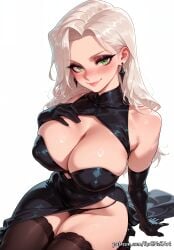 1girl 2026 ai_generated anime bangs bare_shoulders black_cat_(marvel) black_dress black_gloves black_panties black_thighhighs blush boobs breasts cleavage closed_mouth covered_navel crossover dress earrings elbow_gloves eye_contact felicia_hardy female female_focus flushed gloves green_eyes hand_on_own_chest handwear highres huge_breasts jewelry large_breasts long_hair looking_at_viewer marvel marvel_comics marvel_rivals neutral_expression nsfw panties patreon patreon_username rognezart simple_background sitting sleeveless sleeveless_dress smile smiling solo thick_thighs thighhighs thighs underwear very_long_hair white_background white_hair