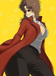 big_breasts blush brown_hair cleavage coat curly_hair female female_only fully_clothed genderswap_(mtf) gintama looking_back medium_hair rule_63 sakamoto_tatsuma smile solo sunglasses thick_thighs wide_hips yellow_background