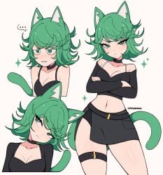 1girl absurdres alternate_costume animal_ears artist_name bare_shoulders belt black_belt black_choker black_shirt black_skirt bra_strap breasts cat_ears cat_girl cat_tail choker cleavage closed_mouth collarbone cowboy_shot cremanata crop_top cropped_shirt cropped_torso crossed_arms flipped_hair frown green_eyes green_hair head_tilt highres kemonomimi_mode light_blush long_sleeves looking_at_viewer medium_breasts medium_hair midriff multiple_views navel one-punch_man shirt side_slit sideways_glance simple_background skirt sparkle split_mouth spoken_ellipsis tail tatsumaki thigh_belt thigh_strap v-shaped_eyebrows white_background