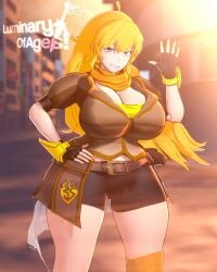 1girls blonde_female blonde_hair cleavage clothed_female ember_celica long_hair long_hair_female luminaryofages purple_eyes rwby solo_female yang_xiao_long