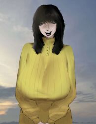 1girl big_breasts black_hair breasts buttons female hanging_breasts holding_hands huge_breasts lipstick long_nose looking_aside looking_away meruzis milf nose red_lipstick rosemary_walten sky smile smiling the_walten_files top_heavy turtleneck turtleneck_sweater woman