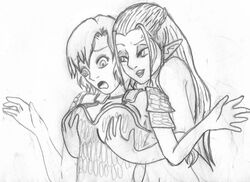 2girls alistair_theirin dragon_age dragon_age_origins female_only rule_63 sketch tagme traditional_media_(artwork) zevran_arainai