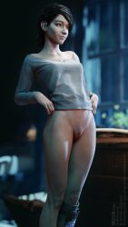 1girls 3d 3d_(artwork) 3d_render 4k 4k_resolution blender blender_(software) bottomless breasts brown_eyes brown_hair clementine_(the_walking_dead) drills3d erect_nipples female female_focus female_only hi_res high_resolution highres hips light-skinned_female light_skin long_sleeves looking_away medium_hair nipples pinup prosthetic prosthetic_leg prosthetic_limb pussy shirt shirt_only simple_background small_breasts smile smiling standing the_walking_dead the_walking_dead_game thighs toned toned_body toned_female vagina