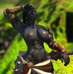 anthro armband artist_request belt black_fur black_hair cat_nose character_request claws dreadlocks final_fantasy final_fantasy_xiv furry hrothgar jewelry large_breasts lion_ears lion_tail lioness square_enix sweat sword topless weapon wet yellow_eyes