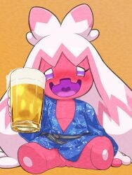 3:4 alcohol asian_clothing beer beverage blush clothing drunk east_asian_clothing female generation_9_pokemon genitals hi_res humanoid japanese_clothing kimono looking_at_viewer nintendo not_furry open_mouth pink_body pocklekorpokkur pokemon pokemon_(species) purple_eyes sitting solo substance_intoxication tinkaton vulva