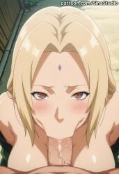 1boy 1girl :>= ai_generated bangs bare_shoulders blonde_hair blush braid breasts brown_eyes collarbone erection facial_mark fellatio forehead forehead_mark from_above half-closed_eyes hetero large_breasts lips long_hair looking_at_viewer looking_up male_pubic_hair medium_breasts naruto naruto_(series) naruto_shippuden nipples oral orange_eyes patreon_username penis pov pubic_hair saliva short_hair sinastudio smile solo_focus tsunade tsunade_(naruto) veins veiny_penis watermark web_address