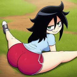 1girls above_view ai_generated bags_under_eyes big_ass big_butt black-haired_female black_hair bubble_ass bubble_butt clothed clothed_female dat_ass dat_butt eyes_open female female_focus female_only green-eyed_female green_eyes kuroki_tomoko light-skinned_female light_skin long_black_hair long_hair looking_back novelai open_eyes outdoors outside red_shorts smug smug_face smug_smile splits viewed_from_above watashi_ga_motenai_no_wa_dou_kangaetemo_omaera_ga_warui! white_shirt