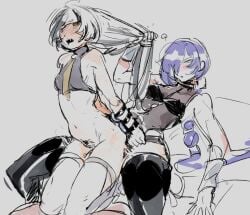 blush blushing bulge cuffs dialyn_(zenless_zone_zero) hair_pull hair_pulling mouth_open partially_clothed promeia_(zenless_zone_zero) pulling_hair restrained restrained_arms restrained_wrists riding riding_strap-on stomach_bulge strap-on strapon sweeter_kiwiis tummy_bulge yuri zenless_zone_zero
