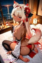 1girl ai_assisted ai_generated all_fours animal_ear_fluff animal_ears anime_screenshot barefoot black_thighhighs blonde_hair blush candle_light candles covered_erect_nipples dark_room dark_skinned_female detached_sleeves fate_grand_order frilled_sleeves from_above hair_flower hair_intakes hair_ornament half_closed_eyes happy heart_hands highres hotel_room leotard looking_at_viewer looking_back_at_viewer multicolored_hair night on_all_fours on_bed parted_lips partially_submerged red_eyes red_loincloth red_nails red_toenails shy small_ass small_breasts soles solo sunset tail very_long_hair viewed_from_behind wariza water white_bikini white_sleeves window