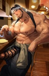 1boy 3d_background abs arm_hair armpit_hair bandana bara beard beefy biceps big_areola big_black_cock big_glans big_penis blush breasts breasts_bigger_than_head broad_shoulders ceiling ceiling_light censor_bar censored censored_penis chest_hair clothes_around_waist collarbone daddy dark_penis dilf drunk erection exhibitionism foreskin foreskin_folds frown gay hi_res huge_cock hunk indoors long_penis male male_breasts male_only manly mature_male moobs muscles muscular muscular_arms muscular_male muscular_neck nullqllun offscreen_character original original_character pecs penis penis_awe penis_bigger_than_head penis_out pointless_censoring practically_nude red_glans restaurant retracted_foreskin shameless shirt_pulled_behind_neck short_hair sitting sitting_on_chair six_pack thick thick_arms thick_penis tilted_head topless tough_guy triceps unzipped veiny_penis wooden_floor yaoi