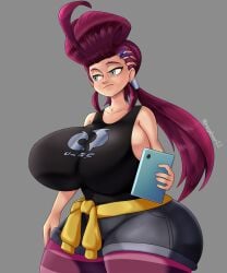 absurd_res berecca big_breasts big_hair big_thighs blue_eyes boobs_bigger_than_head commission gigantic_breasts hair_clip hair_clips hair_ornament highres huge_breasts large_breasts long_hair magenta_hair ninjala nintendo omegabean pompadour ponytail short_shorts shorts simple_background tablet tank_top thick_thighs two_tone_legwear wide_hips
