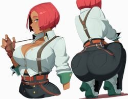 1girl ass belt black_pants blue_eyes breasts buttons cleavage collar collared_shirt commentary dark-skinned_female dark_skin giovanna_(guilty_gear) guilty_gear guilty_gear_strive highres huge_ass large_breasts pants red_hair shirt short_hair solo squatting suspenders vehn white_background white_collar white_shirt