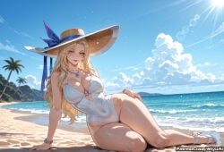 1girl ai_assisted ai_generated anklet arm_support beach blonde_hair blue_eyes blue_sky bracelet breasts casual_one-piece_swimsuit cleavage cloud covered_navel curvaceous curvy curvy_female curvy_figure day emma_frost female hat jewelry large_breasts lips long_hair looking_at_viewer marvel marvel_rivals miyuai nail_polish necklace ocean one-piece_swimsuit outdoors palm_tree sandals sky smile solo sun sun_hat sunlight swimsuit thick thick_ass thick_butt thick_hips thick_legs thick_thighs thighs toenail_polish tree voluptuous voluptuous_female water wet white_swimsuit wide_hips wide_thighs