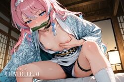 1girl ai_assisted ai_generated anime_screenshot anime_style bamboo bedroom bit_gag black_choker blue_hair blushing checkered_sash flat_chest foot_fetish gag gagged hand_on_breast haori highres jacket japanese_clothes kimono low_angle mouth_hold obi open_jacket outdoor parody perfect_anatomy pink_hair sash short_shorts sitting_on_bed style_parody thigh_strap upper_body upskirt very_long_hair viewer_pov white_hairband white_panties white_shirt wuthering_waves