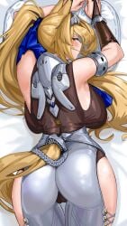 1girl absurdres animal_ears armlet armpits arms_up ass backboob bare_shoulders blonde_hair blush breasts bridal_gauntlets cameltoe clothing_cutout commentary_request english_commentary grey_pants hairband high_ponytail highres horse_ears horse_girl horse_tail jewelry large_breasts long_hair looking_at_viewer looking_back lying metal_hairband mixed-language_commentary mole mole_on_breast on_stomach pants parted_lips ponytail sigrid_de_l'azur single_bridal_gauntlet slug_1356 solo sweat tail thigh_cutout zenless_zone_zero