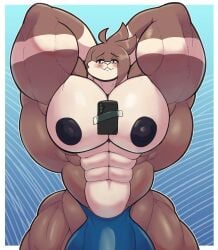2026 abs absurd_res anthro big_bulge big_muscles blush bulge cellphone eikasianspire electronics hands_behind_head hi_res huge_bulge huge_muscles hyper hyper_bulge ike_(eikasianspire) lagomorph leporid looking_at_viewer male male_anthro mammal muscular muscular_anthro muscular_male pecs phone rabbit red_eyes smartphone solo tape