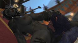 anthro armband artist_request black_fur black_hair blue_fur blue_hair breast_wrap cat_nose character_request claws cunnilingus dreadlocks exposed_breasts final_fantasy final_fantasy_xiv furry gloves goggles grabbing_partner hrothgar large_breasts licking lion_ears lion_tail lioness oral pink_fur public public_nudity public_sex square_enix topless yellow_eyes