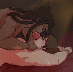 apple apple_gag apple_in_mouth bed black_hair brunette brunette_hair dark-skinned_male dark_skin diomedes diomedes_of_argos_(mythology) dreadlocks drool gay gay_sex greek_mythology hands_up homiesexual homosexual homosexual_sex kinky odydio odysseus odysseus_(mythology) on_bed saliva scar scared scars the_epic_cycle trojan_war yaoi