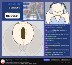 anthro anus_focus backsack balls big_butt butt butt_focus chat crowning_feces desperation dot_eyes electronics english_text excessive_feces exhibitionism feces genitals headphones holding_in_feces huge_butt hyper hyper_crowning_feces hyper_feces livestream male mouthless poop_desperation profanity scat simple_eyes social_media solo text tiosqr twitch.tv voyeur white_body wide_hips
