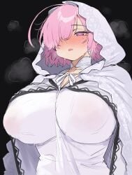 1girl absurdres aochoku blush breasts cloak covered_erect_nipples dress fate/grand_order fate_(series) hair_over_one_eye highres hood hooded_cloak large_breasts looking_at_viewer mash_kyrielight pink_hair purple_eyes short_hair white_cloak white_dress