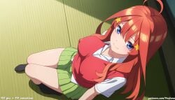 1girl 1girls absurd_res ahoge ai_assisted ai_generated anime ass black_socks blue_eyes blush boobs breasts breasts_out bubble_butt butt curvaceous curvy curvy_figure from_above go-toubun_no_hanayome green_skirt hair_ornament high_resolution highres hourglass_figure huge_ass huge_butt indoors large_breasts light-skinned_female long_hair looking_at_viewer lying nakano_itsuki nipples on_back patreon patreon_logo patreon_username red_hair red_sweater school_uniform smile star_hair_ornament the_quintessential_quintuplets thick_thighs thighs veyluna voluptuous white_shirt wide_hips yellow_hair_ornament