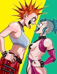 2girls amelia_(battle_maidens) blue_eyes blue_hair breasts choker covered_nipples hands_on_hips hellonearthiii latex latex_clothing orange_hair original original_character pants pierced_tongue piercing red_eye sharp_teeth side_view slim_waist smile spiky_hair tagme tape tight_clothing tongue tongue_out tongue_piercing topless topwear