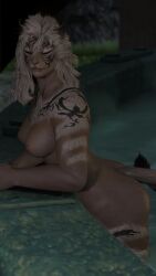 anthro bathing black_fur brown_fur cat_nose fangs final_fantasy final_fantasy_xiv furry hrothgar leaning_forward lion_ears lion_tail lioness medium_breasts nude pubic_hair public_bath public_nudity square_enix stripes white_fur white_hair