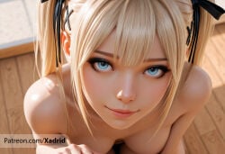 1girl ai_generated artist_name black_ribbon blonde_hair blue_eyes blurry blurry_background breasts closed_mouth closeup collarbone dead_or_alive depth_of_field eyelashes from_above hair_ornament hair_ribbon indoors lips long_hair looking_at_viewer looking_up marie_rose mascara medium_breasts nose nude patreon_username pink_lips pov realistic ribbon sidelocks small_breasts smile solo twintails wooden_floor x_hair_ornament xadrid