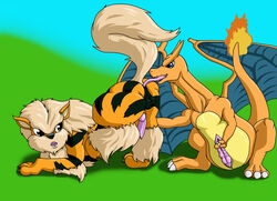 anilingus arcanine charizard cobra_mcjingleballs color feral fire fur handjob interspecies male male_only masturbation multiple_males nintendo nude oral outdoors penis pokemon pokemon_(species) raised_tail tail tail_fire