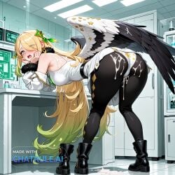1girl ai_assisted ai_generated big_butt black_boots black_pants black_wings blonde_hair cynthia_(pokemon) detached_sleeves eyelashes feathered_wings from_behind full_body fur_collar fur_trim grey_eyes hair_over_one_eye hands_on_own_cheeks indoors laboratory looking_at_viewer looking_away moaning nervous open_mouth short_dress showing_butt shy sleeveless sleeveless_dress star_shaped_pupils star_symbol symbol_shaped_pupils teary_eyes very_long_hair white_coat white_dress white_panties white_sleeves wings