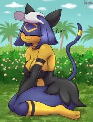 absurd_res an-tonio anthro black_clothing black_dress blue_body blue_hair blush breasts cleavage clothed clothing detailed_background digital_media_(artwork) dress eyelashes eyes_closed felid feline female hair headpat hi_res mammal multicolored_body navel pal_(species) palmorph palworld pocketpair purring sekhmet_(pal) short_hair sitting sitting_on_ground smile solo tail thick_thighs two_tone_body yellow_body