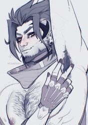 alternate_version_available arm_up armpit armpit_crease armpit_fetish big_pecs ear_piercing earrings emre emre_(overwatch) emre_sarioglu facial_hair floating_heart grey_hair greying_hair greyscale hairy_armpits hairy_chest limited_color long_fingernails long_nails looking_at_viewer male male_only mullet nipple_piercing obliques overwatch overwatch_2 painted_fingernails painted_nails red_eyes scarf scarf_only simple_background siphonpistol solid_color_background solo solo_male