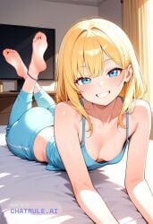 1girl ai_assisted ai_generated anklet bare_shoulders barefeet bedroom blonde_hair blue_eyes cleavage curvy_body detailed_feet eyes_half_closed feet_up grin looking_at_viewer narrow_waist petite prone_position quistis_trepe round_ass small_breasts soft_breasts the_pose tired wide_hips