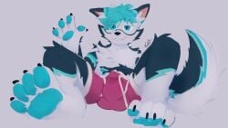 16:9 3_fingers 4_toes 4k absurd_res anthro balls_outline biped black_claws black_nails black_nose blue_body blue_eyes blue_fur blue_hair blue_pawpads bulge bulge_grab canid canine canis claws clothing colored_nails detailed_bulge feet fingers fluffy fluffy_tail foot_focus freki_(kuro_boi) fur fur_markings genital_outline hair hand_in_underwear hi_res hindpaw inner_ear_fluff looking_at_viewer male male_anthro mammal markings messy_hair multicolored_body multicolored_fur nails notepawpad outline pawpads paws penis_outline pink_clothing simple_background sitting smile solo tail toes touching_bulge tuft two_tone_body underwear white_body white_feet widescreen wolf
