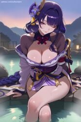 1girl ;) ai_generated bangs bare_shoulders blush braid breasts cleavage flower genshin_impact hair_flower hair_ornament hi_res high_quality high_resolution japanese_clothes kimono large_breasts long_hair looking_at_viewer mole mole_under_mouth one_eye_closed patreon purple_eyes purple_hair raiden_shogun sash seductive sexy sitting smile soaking_feet solo thighs uncensored very_long_hair water watermark wide_sleeves
