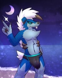 anthro beach black_clothing black_speedo black_swimwear black_underwear blue_blush blue_body blue_eyes blue_fur blue_waistband blush blush_lines bodily_fluids briefs bulge clothing darkan_the_lycanroc darkanroc dripping fangs fur generation_7_pokemon genital_fluids hi_res lycanroc male midnight_lycanroc moon navel nintendo pokemon pokemon_(species) precum precum_drip sea shiny_pokemon snapping_fingers solo speedo standing swimwear teasing_pose teeth tongue tongue_out underwear waist water white_body white_fur