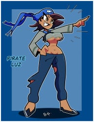 1girls afrolatina aged_up bandana blightstar brown_eyes brown_hair character_name cleavage earrings female hand_on_hip long_sleeves low_pants luz_noceda no_bra no_underwear pirate pointing pose shoes smile solo tagme the_owl_house torn_clothes underboob