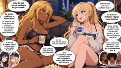 ai_generated bed dark_skin dialogue interracial lesbian_sex yellow_eyes yellow_hair