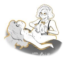 artist_request bed blush femsub freckles futadom futanari glasses hypnosis hypnotized large_breasts looking_pleasured maid majinsfw medium_breasts orange_eyes paizuri servicing_from_below veronica_nightingale_(majinsfw)