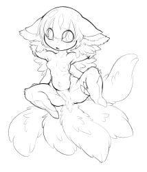 anthro arthropod blush blush_lines breasts c0c0_ouendan claws digital_media_(artwork) embarrassed faputa female fur genitals hair hi_res innie_vulva made_in_abyss mammal monochrome multi_limb multicolored_tail narehate navel nipples nude presenting simple_background solo spread_legs spreading tail vulva white_background