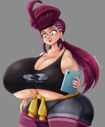 absurd_res berecca big_breasts big_hair big_thighs blue_eyes boobs_bigger_than_head breast_expansion breast_spill breast_spillage breasts_bigger_than_torso commission gigantic_breasts hair_clip hair_clips hair_ornament highres huge_breasts large_breasts long_hair magenta_hair ninjala nintendo omegabean pompadour ponytail shirt_too_small short_shorts shorts simple_background suprised suprised_expression suprised_look tablet tank_top thick_thighs two_tone_legwear wardrobe_malfunction wide_hips
