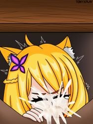 black_penis blonde_female blonde_hair blue_eyes blush blush_lines blushing cum cum_in_mouth cum_overflow cum_overflowing deepthroat hidden_sex millymusiic tony_x_play tonyxplay vtuber vtuberfanart