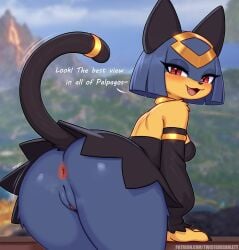 2026 anthro anus biped blurred_background blush breasts butt clothing dialogue digital_media_(artwork) english_text eyebrows eyelashes female fingers genitals hair hi_res looking_at_viewer mammal open_mouth outside pal_(species) palworld pocketpair pupils sekhmet_(pal) solo tail text twistedscarlett60 url vulva
