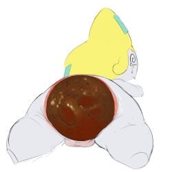 1:1 anthro anus backsack balls bodily_fluids butt colored crowning_feces excessive_feces feces generation_3_pokemon genitals grey_body hi_res hyper hyper_crowning_feces hyper_feces jirachi legendary_pokemon looking_at_viewer looking_back lying male nintendo on_front pokemon pokemon_(species) pokemorph puffy_anus rear_view scat shortstack shortstack_male simple_background solo spiral spiral_eyes tears tiosqr white_background