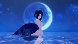 1girls 3d black_fingertips blue_nipples butt female female_only heterochromia horns indie_virtual_youtuber koikatsu lizard_girl lizard_tail looking_back moon moonlight naked naked_female night_sky pointy_ears renhentai shinect_(callie_forniya) standing_in_water virtual_youtuber vtuber water