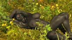 abs anthro artist_request black_fur black_hair cat_nose character_request dreadlocks final_fantasy final_fantasy_xiv furry grass hrothgar large_breasts lion_ears lion_tail lioness lying_on_back lying_on_ground muscles muscular muscular_female nude outside public public_nudity square_enix yellow_eyes