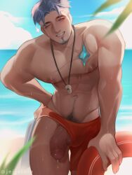 beach big_penis dick fredrinn_(mobile_legends) jeijeioio leaking_precum lifeguard male male_focus mobile_legends mobile_legends:_bang_bang muscular muscular_male pecs pubic_hair slipping_out uncut_penis