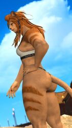anthro artist_request beach cat_nose claws final_fantasy final_fantasy_xiv furry green_eyes hair_ornament hrothgar jewelry lion_ears lion_tail lioness looking_at_viewer orange_fur orange_hair panties public smile square_enix tank_top underwear wuk_lamat