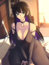 1girls adult bare_shoulders black_dress black_hair bocchi_the_rock! choker cleavage clothed female female_only green_eyes huge_breasts indoors industrial_piercing large_breasts light-skinned_female light_skin lip_piercing long_hair looking_at_viewer medium_breasts opalisart pa-san room sitting sitting_on_bed smile solo straight_hair thick_thighs thighs